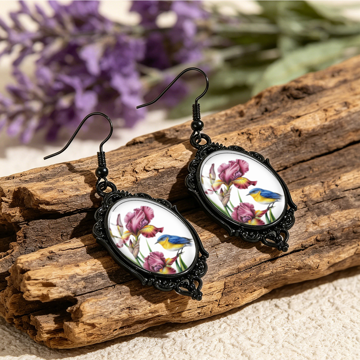Women's Classic Purple Iris & Blue Bird Oval Earrings